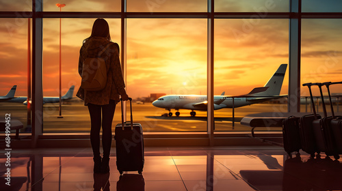 Travel tourist standing with luggage watching sunset at airport window. Unrecognizable woman looking at lounge looking at airplanes while waiting at boarding gate before departure. Tra. generative ai.