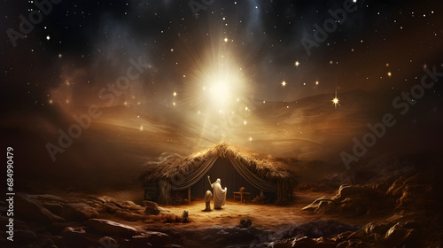 The star shines over the manger of christmas of Jesus Christ. generative ai.