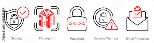 A set of 5 Cyber Security icons as security, fingerprint, password
