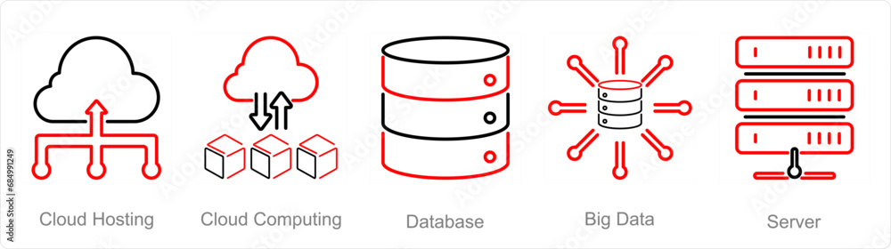 A set of 5 data analytics icons as cloud hosting, cloud computing, database A set of 5 data analytics icons as cloud hosting, cloud computing, database