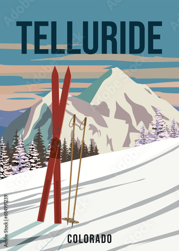 Vintage Travel poster Ski Whitefish resort. America winter landscape travel card