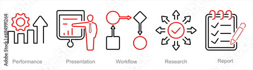 A set of 5 data analytics icons as performance, presentation, workflow