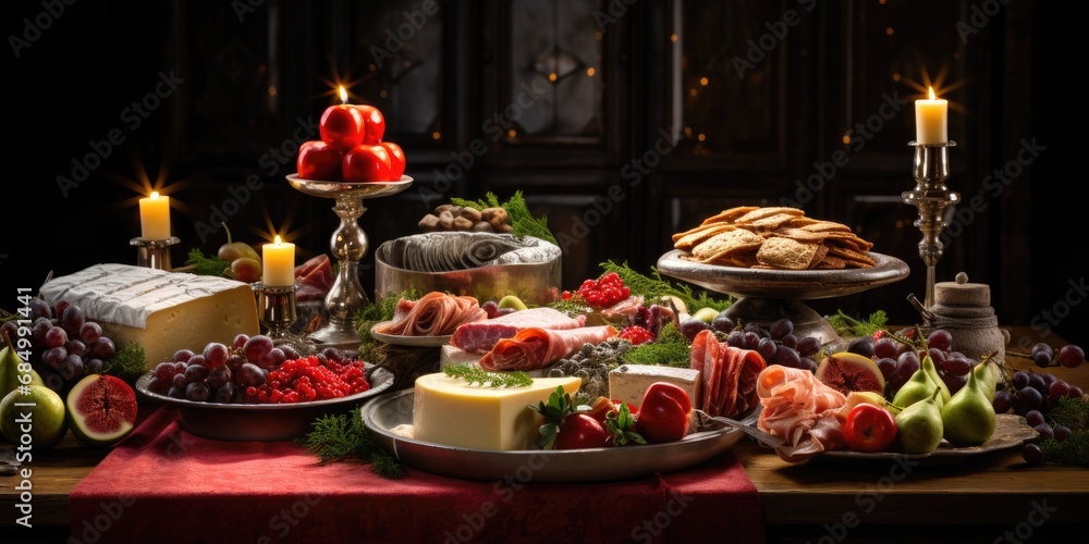 Festive buffet for New Year's party, Christmas table with food. Generative AI