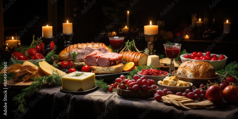 Christmas delicious festive table, many different delicious dishes. Generative AI