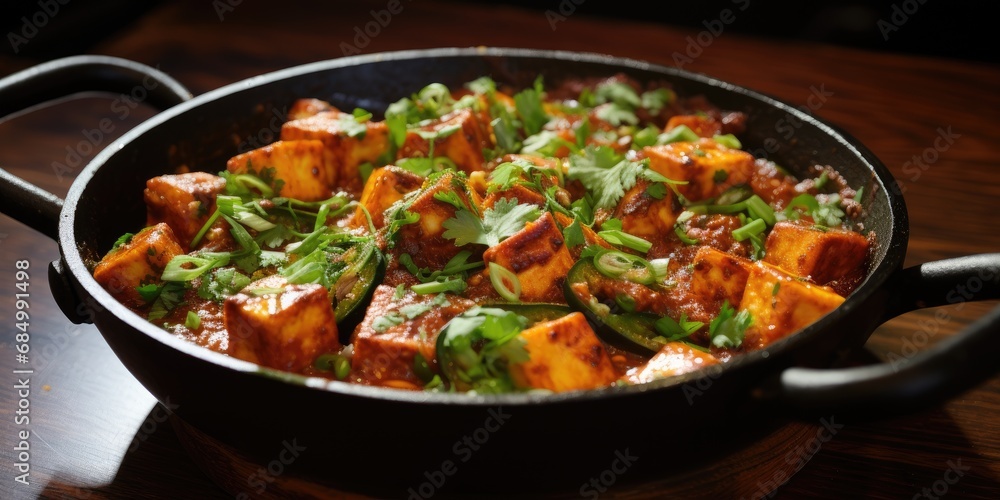 Paneer butter masala or curd and cheese curry, a popular Indian dish. Generative AI