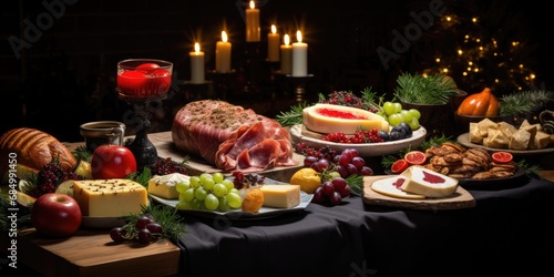 Christmas delicious festive table, many different delicious dishes. Generative AI