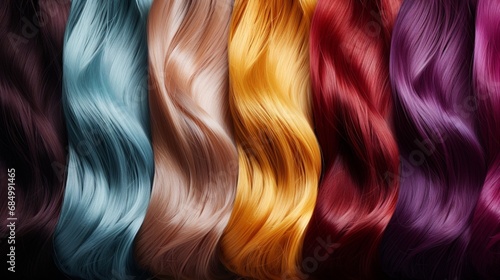 Design an ultra-realistic 8K image of a colorful collection of synthetic hair extensions, elegantly arranged to form a mesmerizing pattern. photo