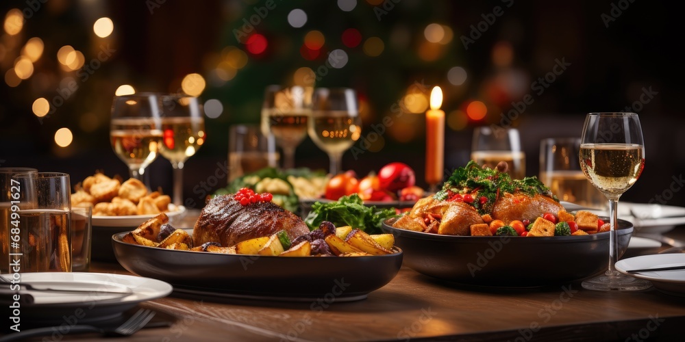 Christmas festive table, New Year's decor,delicious dishes with food. Holiday concept. Generative AI Christmas festive table, New Year's decor,delicious dishes with food. Holiday concept. Generative AI