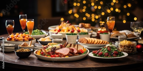 Christmas table, with a blurred Christmas tree in the background. Lots of food dishes.Generative AI