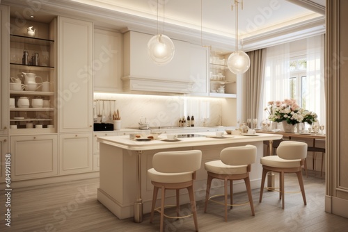 Interior design of a kitchen minimal style, beige light colors
