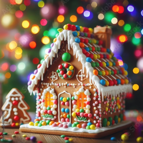 handmade Christmas gingerbread house decorated with star-shaped candies sits on a wooden table. © pahis