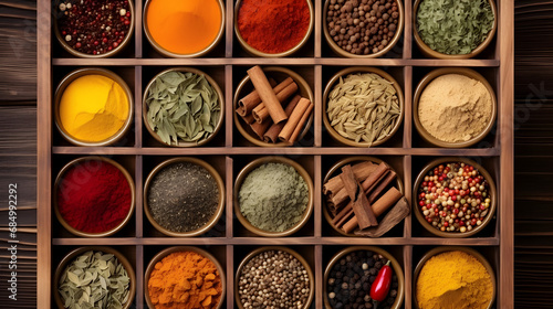 Fototapeta Naklejka Na Ścianę i Meble -  Colorful spice collage background. Assortment of condiments in wooden box top view. generative ai.