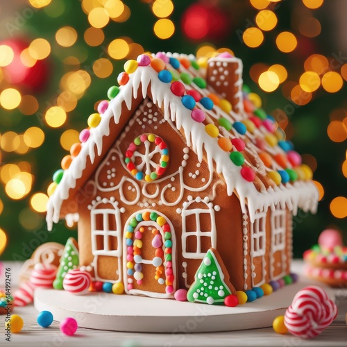 handmade Christmas gingerbread house decorated with star-shaped candies sits on a wooden table.