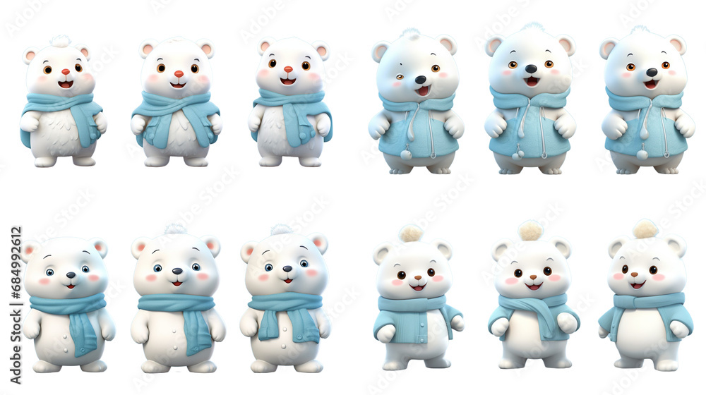 3d set of  white polar bear cartoon character isolated on white background