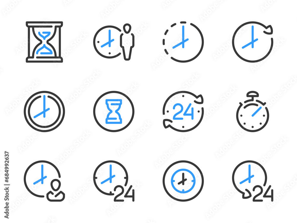 Time and Clock vector line icons. Watch and Hour outline icon set. Countdown, Timer, 24 Hours, Deadline, Time management and more. Time and Clock vector line icons. Watch and Hour outline icon set. Countdown, Timer, 24 Hours, Deadline, Time management and more.
