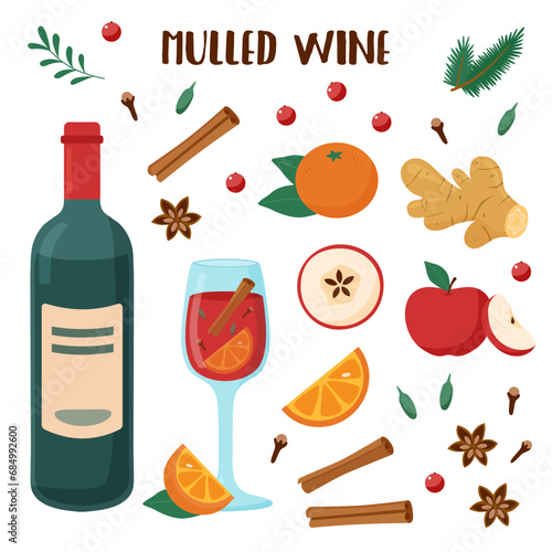 Flute and bottle of mulled wine with oranges, apples, ginger, anise, cardamon and cinnamon sticks. Mulled wine ingredients.	Mulled wine set.
