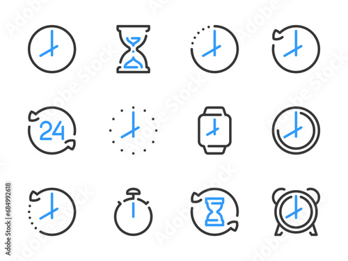 Time and Clock vector line icons. Watch and Hour outline icon set. Countdown, Timer, 24 Hours, Deadline, Time management and more.