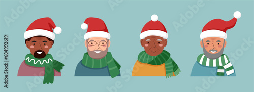 Set of elderly men in Santa Claus hats. Christmas concept.	
