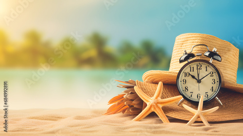 Summertime vacation concept. Time to relax. Last minute deals. Alarm clock with straw hat, starfish on the sand beach and sea background. generative ai. photo