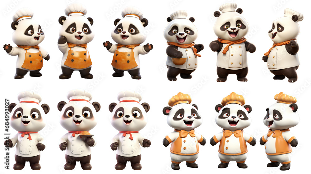 Obraz premium Set of cute 3d panda in chef uniform isolated on transparent background