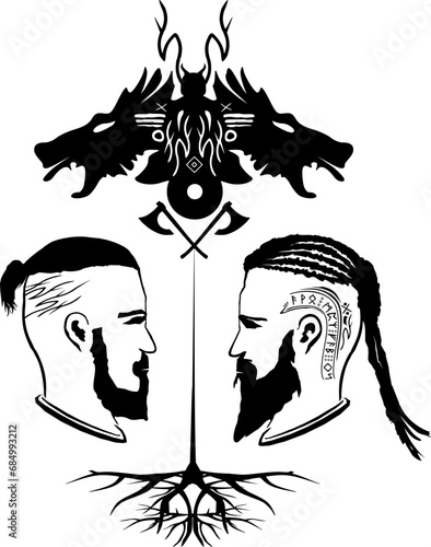 Vektor Profile von zwei Wikingern - Wikinger Jarl mit Bart, Tattoos und Frisur - Drachen und Symbole