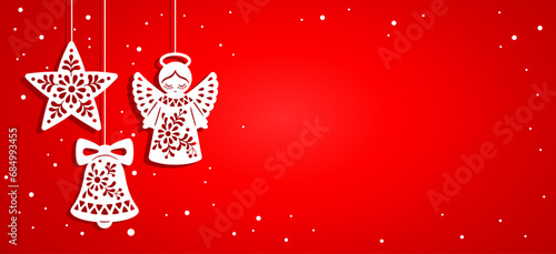 Horizontal banner in paper cut style. Vector hand drawn illustration of ornate Christmas angel, star and bell on red background
