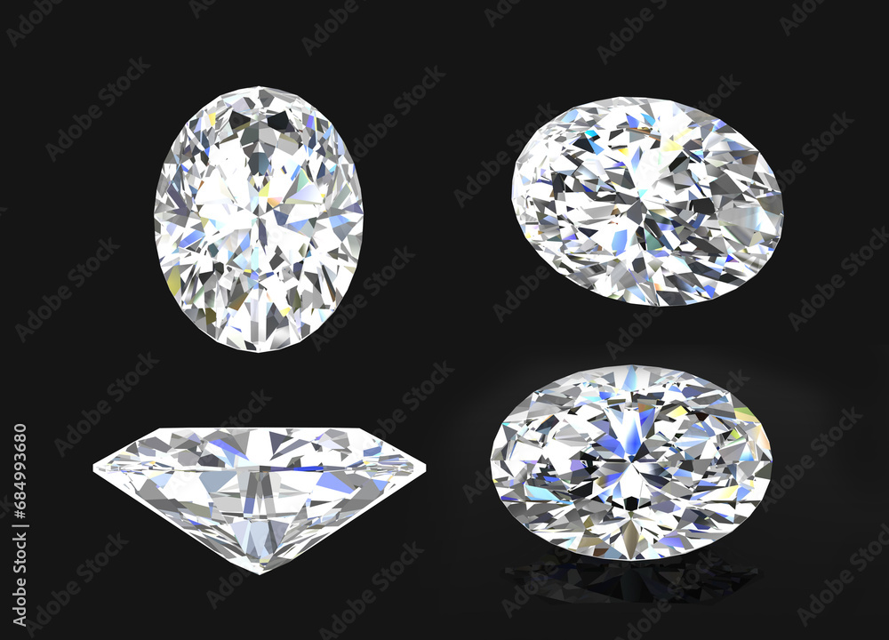 four oval shaped diamonds. Different views on black background at 3D render design. four oval shaped diamonds. Different views on black background at 3D render design.