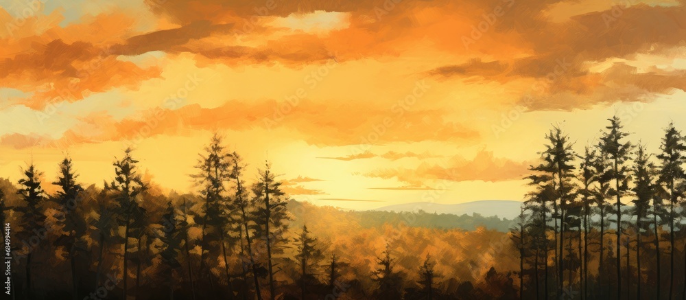 Fototapeta premium As the sun gently sets on the horizon, casting a warm, golden light upon the landscape, the silhouette of the trees against the vibrant, summer sky creates a picturesque scene in the forest, filled