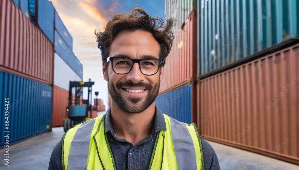 container yard in front of shipping containers, a logistics coordinator ...