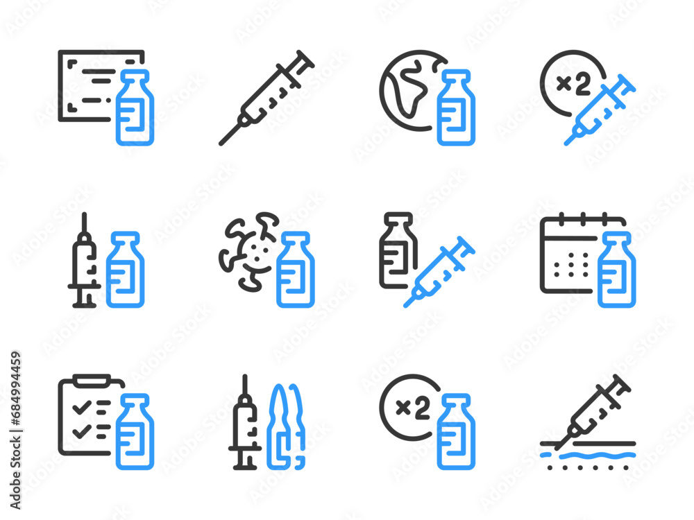 Vaccine and Injection vector line icons. Vaccination and Medicine outline icon set. Antibiotic, Ampoule, Antiviral Drug, Dosage, Syringe, Medicine Bottle, Medication Schedule and more.