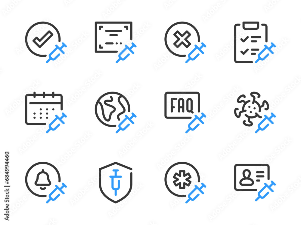 Vaccine and Injection vector line icons. Vaccination and Medicine outline icon set. Certified Therapy, Treatment Plan, Patient Documents, Antiviral Drug, Global Vaccination and more. Vaccine and Injection vector line icons. Vaccination and Medicine outline icon set. Certified Therapy, Treatment Plan, Patient Documents, Antiviral Drug, Global Vaccination and more.