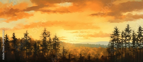 As the sun gently sets on the horizon, casting a warm, golden light upon the landscape, the silhouette of the trees against the vibrant, summer sky creates a picturesque scene in the forest, filled