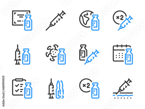 Vaccine and Injection vector line icons. Vaccination and Medicine outline icon set. Antibiotic, Ampoule, Antiviral Drug, Dosage, Syringe, Medicine Bottle, Medication Schedule and more.