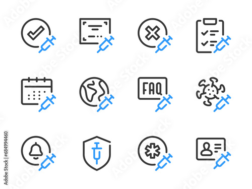 Vaccine and Injection vector line icons. Vaccination and Medicine outline icon set. Certified Therapy, Treatment Plan, Patient Documents, Antiviral Drug, Global Vaccination and more.
