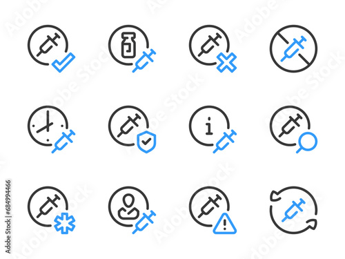 Vaccine and Injection vector line icons. Vaccination and Medicine outline icon set. Disease Protection, Medicine Time, Patient Card, Syringe, Revaccination, Medicine Dosage and more.