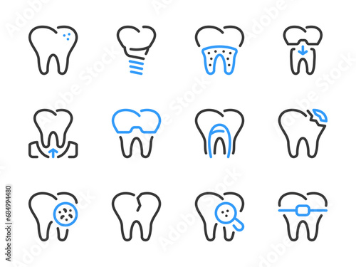 Tooth and Teeth care vector line icons. Dentistry, Dental problems and Stomatology outline icon set.