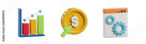 cursor click on dollar coin or money donate. Pay per click. Business Growth graph Chart. Webpage Browser Setting or system update. 3D Icon illustration set vector concept Isolate on white background