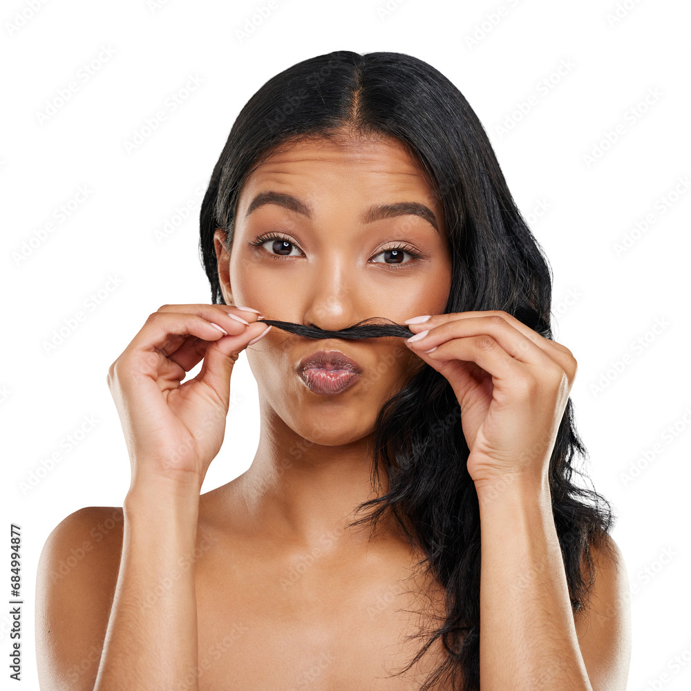 Portrait, pout and hair mustache with woman isolated on a transparent background for beauty. Salon, comic and kiss emoji with a happy or funny young model on PNG for haircare or shampoo treatment Portrait, pout and hair mustache with woman isolated on a transparent background for beauty. Salon, comic and kiss emoji with a happy or funny young model on PNG for haircare or shampoo treatment