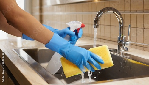 Hands in blue gloves clean sink with sponge and a special cleaning agent, detergent spray. Hygiene in the kitchen