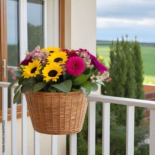 A bouquet of flowers in a basket, placed on a terrace railing
