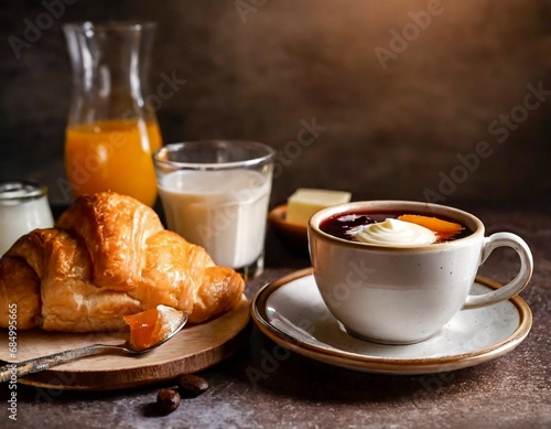  Cup Hot coffee and croissants on a dark retro background  