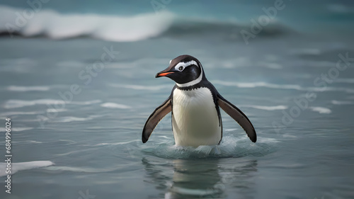 Pinguin am strand wellen hintergrundbild