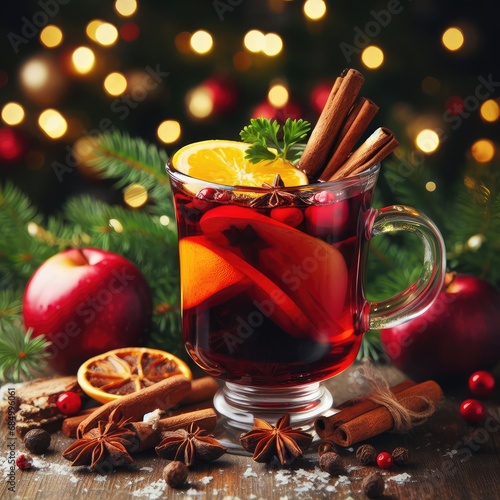 Christmas mulled wine with apple, cranberry, orange, spices and chocolate on a wooden table