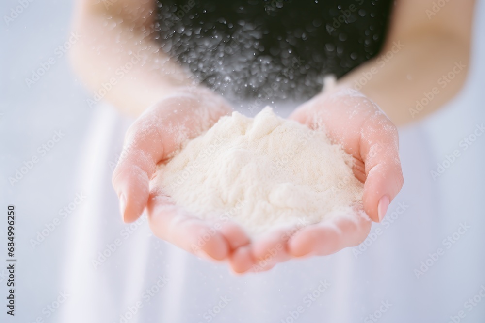 Handful of flour. A person holding a pile of white powder in their hands. A heap, a tiny handful, of dry substance in the arms. Closeup of loose powder put in the palms. Face powder