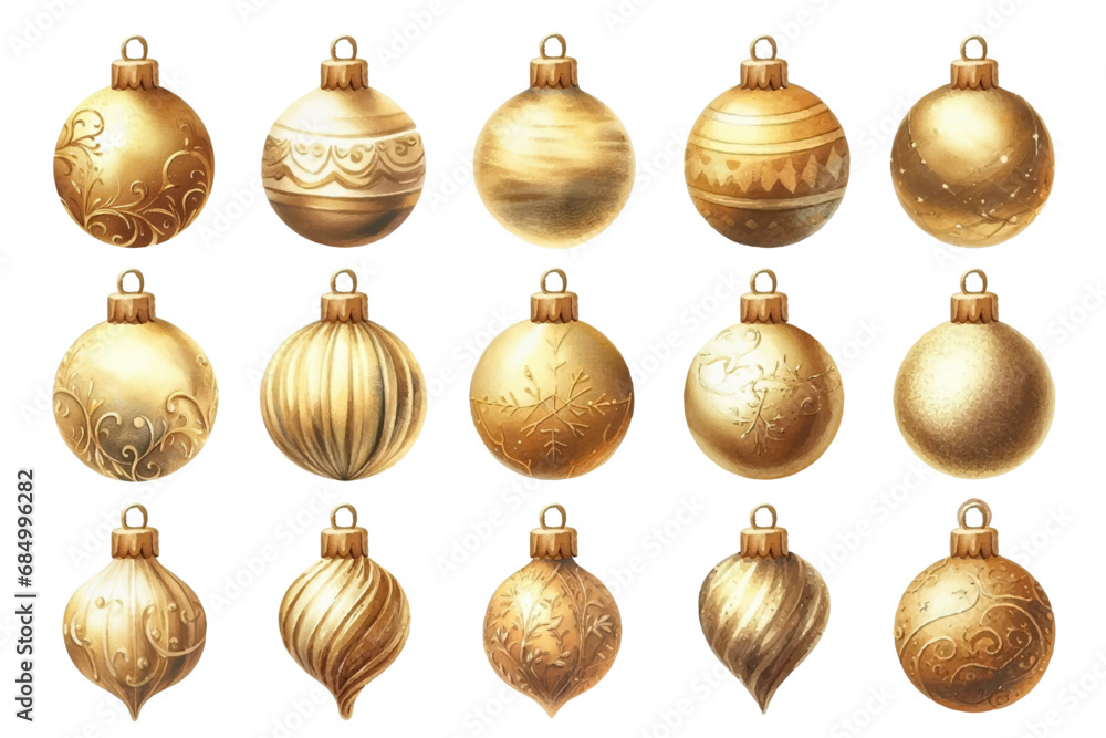 金色のクリスマスオーナメントの水彩イラストの素材セット 金色のクリスマスオーナメントの水彩イラストの素材セット