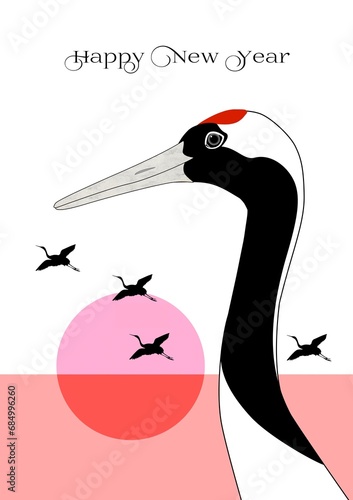 飛翔する鶴の群れを背景にした丹頂鶴の横顔アップ　年賀状デザイン photo