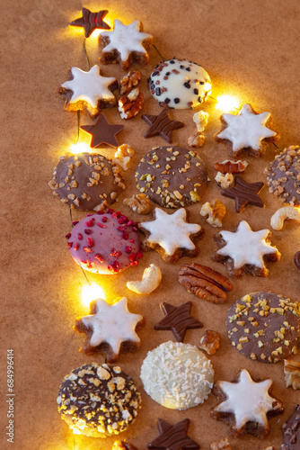Christmas tree made from cookies and chocolate with lights
