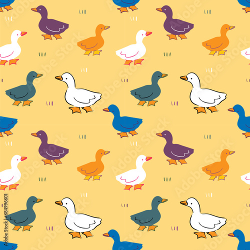 Seamless Pattern of Cartoon Duck Design on Yellow Background