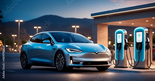 Sporty Eletric car EV in the charging station 