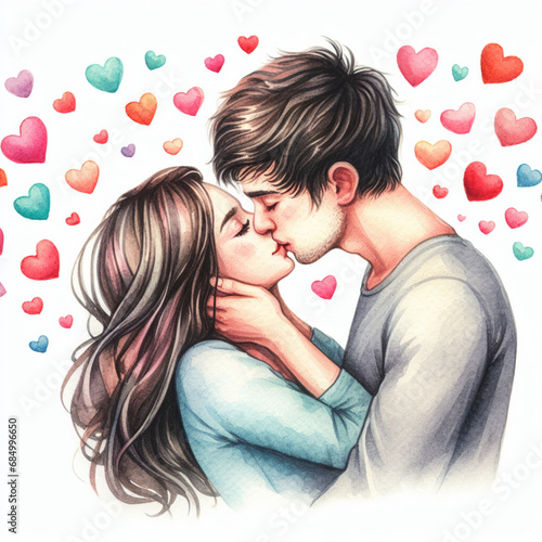 couple kissing  watercolor illustration on white background  valentine s day theme Generative AI